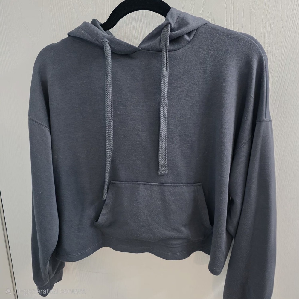 AGS Revival Women's S Gray Solid Pullover Hoodie Pocket Drawstring Raglan crop